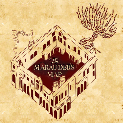 Our house as Hogwarts on the cover of the Marauders map